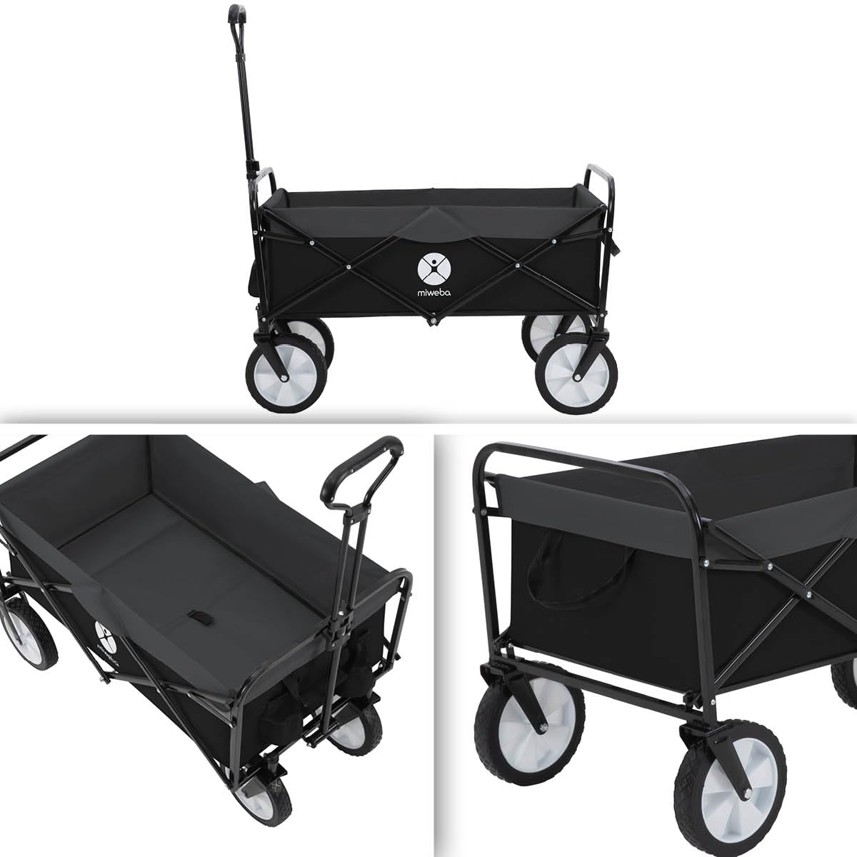 Miweba Faltbarer Bollerwagen MB-35 | Traglast 120 Kg - Klappbar - Handwagen faltbar - Transportwagen für Kinder - Kinderwagen - Gartenwagen - Wagen - Strandwagen - Faltwagen (Schwarz/Dunkelgrau)