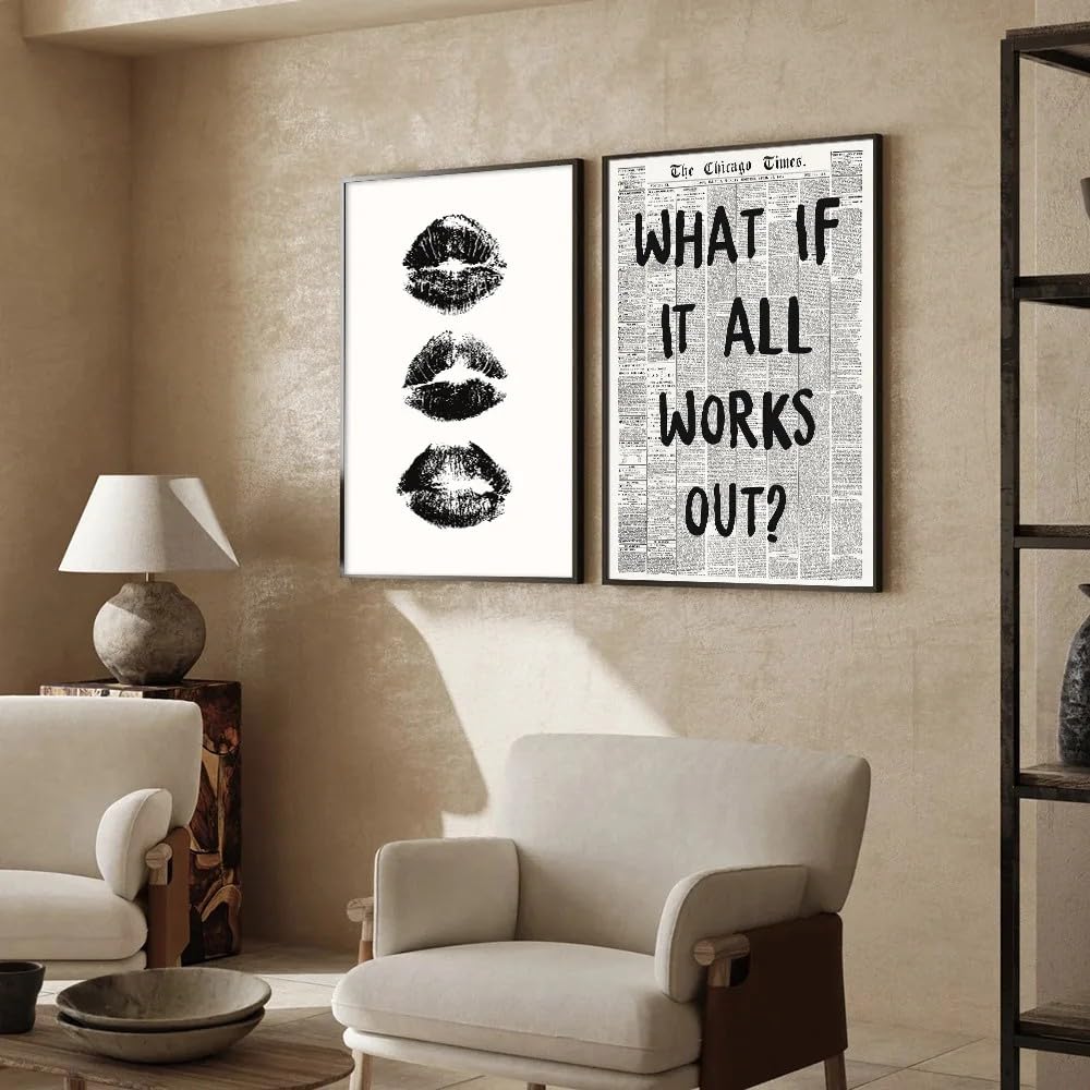 LZJAGXX 2 láminas de lienzo con estampado de labios besándose en blanco y negro, estilo preppy, estética retro, con diseño de periódico, para decoración del hogar (40x60cm x 2/marco interior).