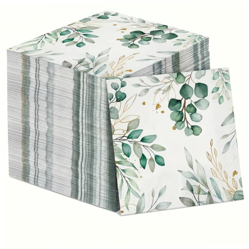 Elyebxj 80PCS Eucalyptus Napkins, 13 Inch Wood Pulp Dinner Napkins with Green Plant Print for Parties