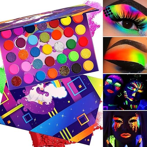 Afflano Neon Eyeshadow Palette Colorful High Pigmented, Bright Pride Day Makeup Rainbow Eyeshadow Matte Shimmer Glitter, Aurora Glow Neon in Dark UV Blacklight Makeup Eye Shadow Pallet