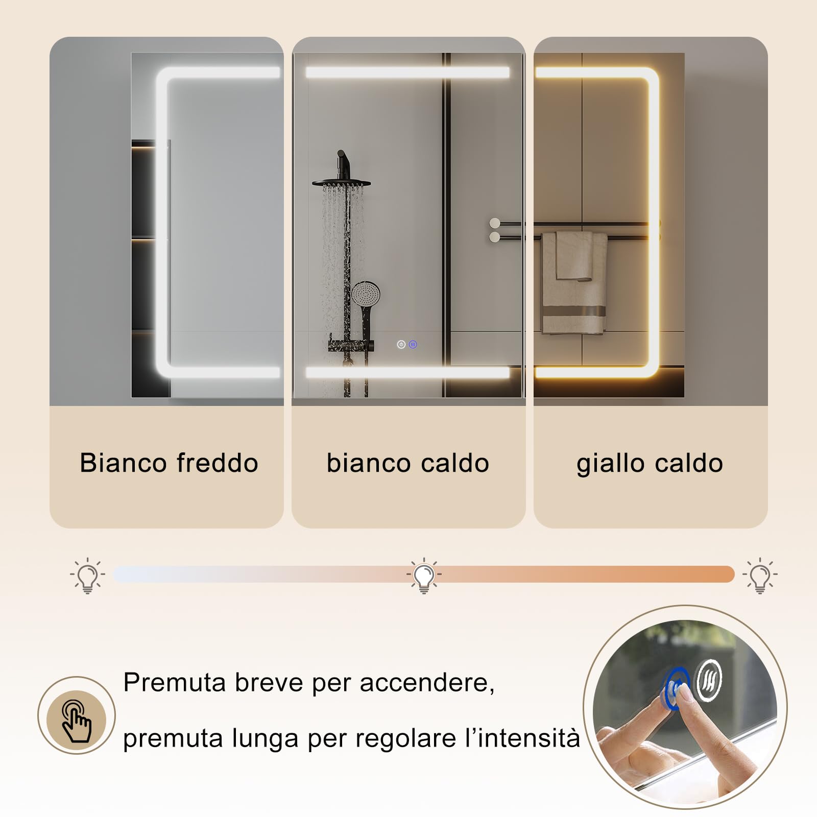 TRIUMPHKEY Specchiera Bagno con Luci, 120 x 75 cm, Design Pieghevole a 3 Ante, LED Dimmerabile, Cerniere ad Ammortizzamento, Antiappannamento, Prese Integrate e USB, 5 Livelli di Spazio Contenitivo