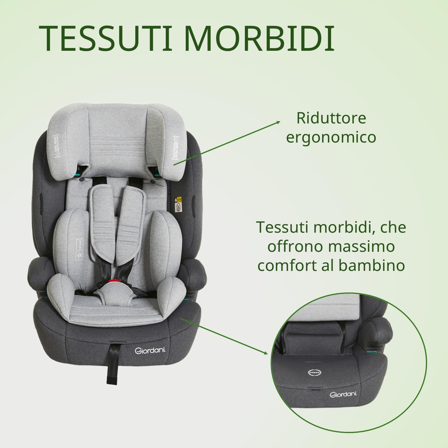 Giordani Adonis Silla de Coche 76-150 cm i-Size, Homologada R129/03 con Arnés de 5 Puntos y Reductor Ergonómico, Reposacabezas Ajustable y Sistema Harness Retainer, Evolutiva para Niños 15-36 kg