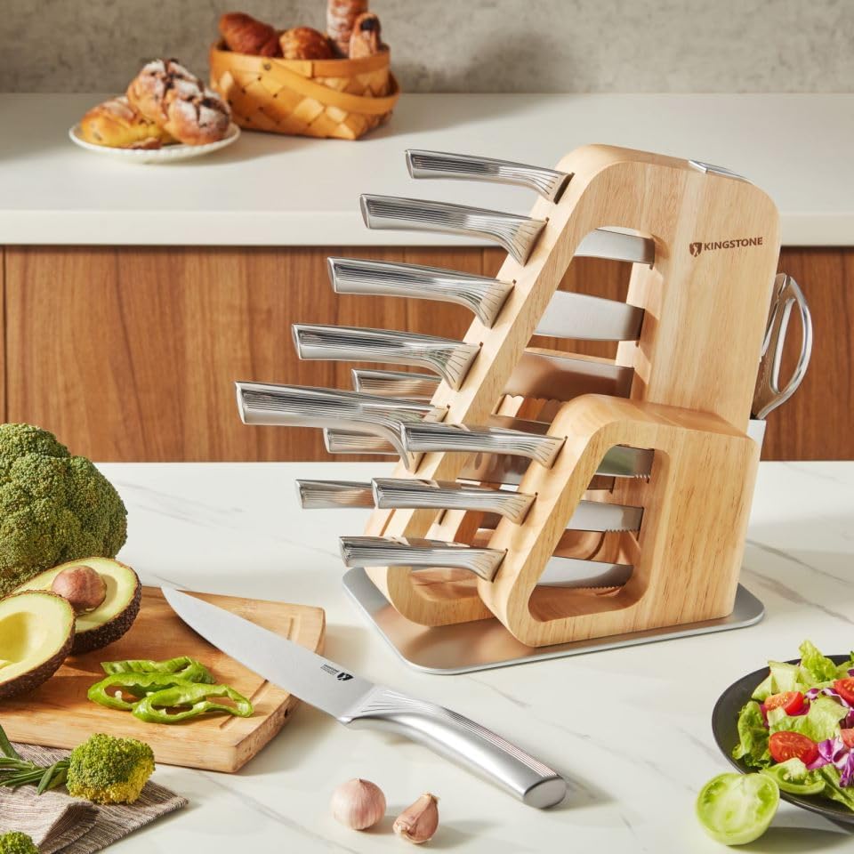 Miniatura 9 de KINGSTONE Juego de cuchillos de cocina con bloque, juego de 14 cuchillos de acero inoxidable alemán con afilador integrado, juego de bloques de