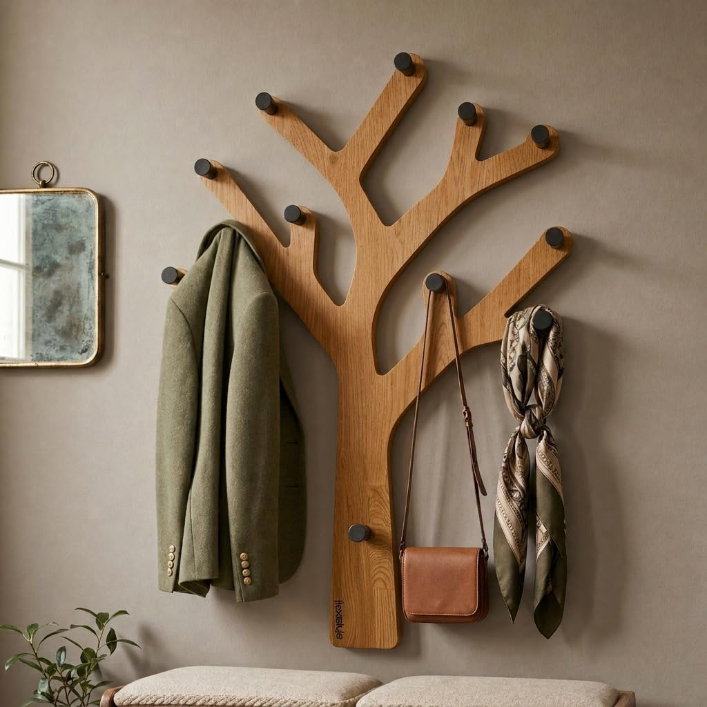FLEXISTYLE Wandgarderobe Eichenbaum Holz Eiche mit Metallhaken Flurgarderobe modern schwarz – Garderobe Wand, Kleiderhaken, Wandhaken, Garderobenpaneel (Eiche, Top)