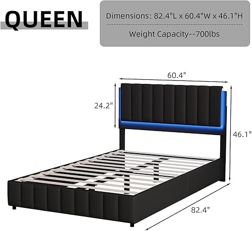 Miniatura 2 de Base de cama Queen con luces LED, plataforma tapizada de piel sintética con cabecero y soporte de listones de madera, no necesita somier, sin ruido,