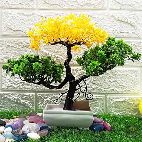 Image of Artificial LED Bonsai Tree with Lush Colorful Foliage in Elegant Plastic Pot | Artificial Plants with Pot | Indoor Plants | Home Decor Items (Yellow-Green, 24cm)