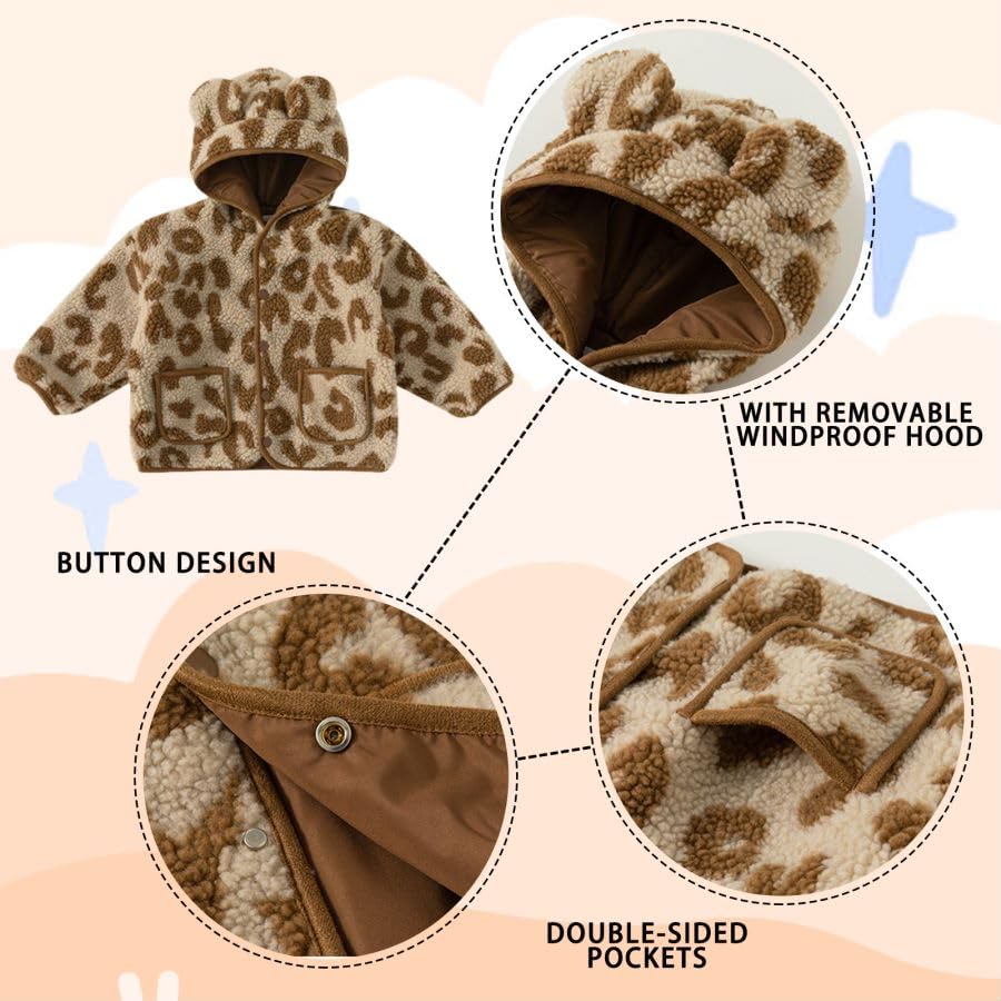 Leopard Kids Clothes Girls Coat with 2 Pockets Thickened Lamb Wool Winter Jackets for Girls 2-8 Years2