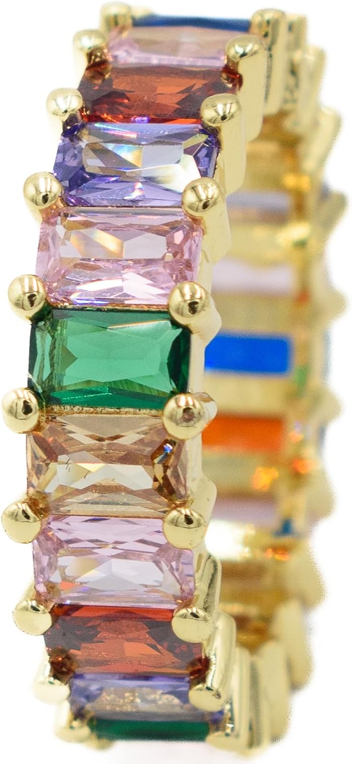Multicolored Rainbow Statement Eternity Band Ring, Simulated Ruby, Emerald, Pink Diamond CZ, 18k Yellow Gold Filled Plated, Size 6.5