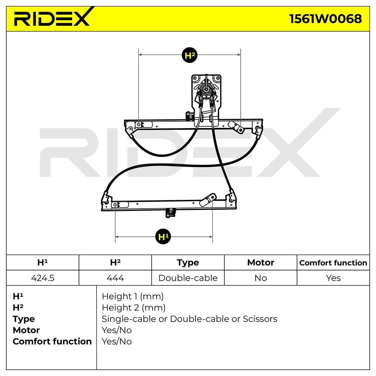 RIDEX 1561W0068 Elevalunas eléctrico Delante, Derecha sin electromotor Compatible con CITROËN XSARA PICASSO N68