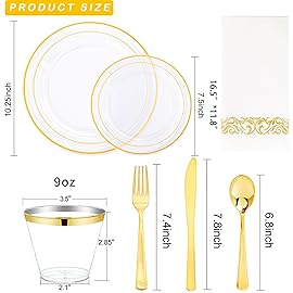 WELLIFE 350Pcs Clear and Gold Plastic Plates for 50 Guests - Disposable Plates for Party, Includes 100 Gold plates,150 Plastic Silverware, 50 Napkins, 50Cups, Disposable Dinnerware Set