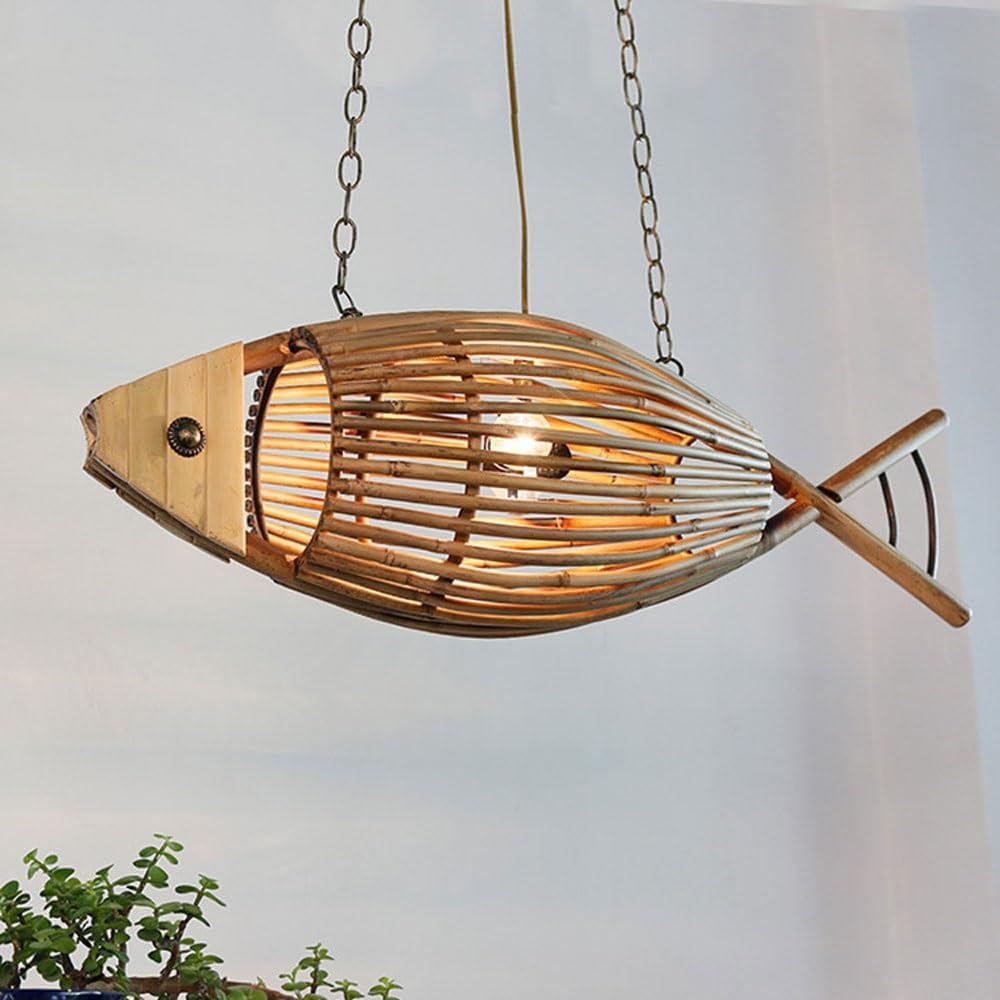 BLOOHK Creative Bamboo Fish Pendant Light, Hand-Woven Rattan Fish Shaped Chandelier, Unique Hanging Lamp for Sushi Bar, Seafood Restaurant, Kitchen, Coastal Decor
