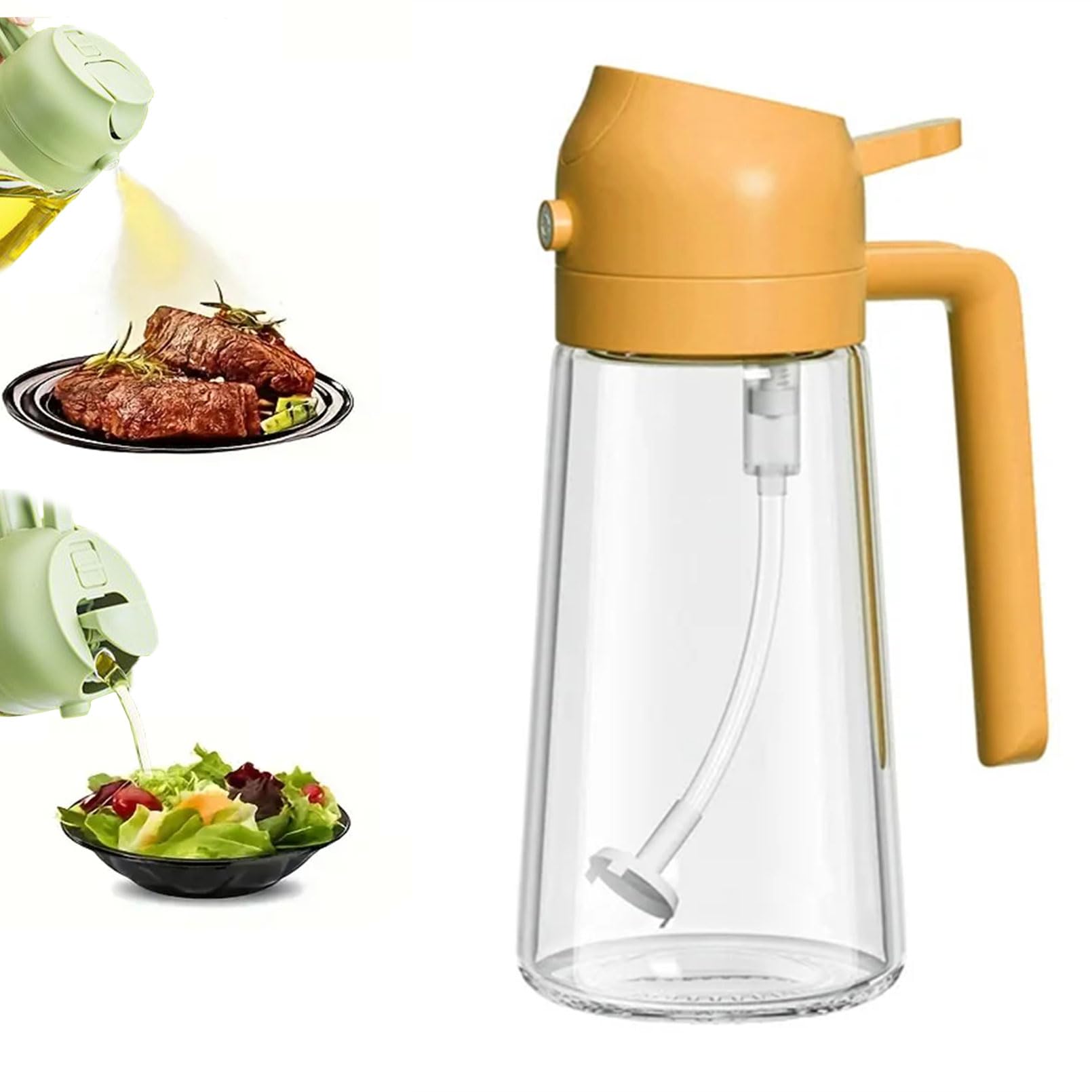 Rasedo 2 In 1 Oil Dispenser and Oil Sprayer, 16oz Glass Oil Spray Dispenser Bottle for Kitchen (yellow)