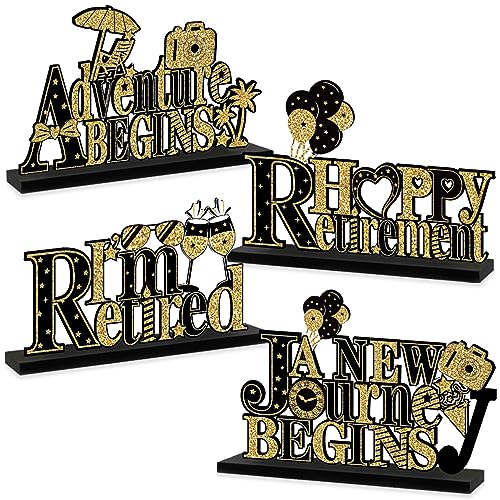 4Pcs Happy Retirment Party Decorations Wooden Table Sign, Black Gold Going Away Wooden Table Centerpieces Party Supplies, Retired Theme Farewell Goodbye Party Table Decor