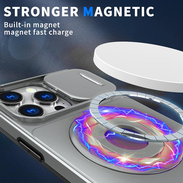 Image of LuxuryKase MagSafe Shockproof Rugged Back Case for iPhone 15 Pro Max | Finger Ring Kickstand & Sliding Camera Cover | Military Drop Protection | Wireless Charging Support - Grey