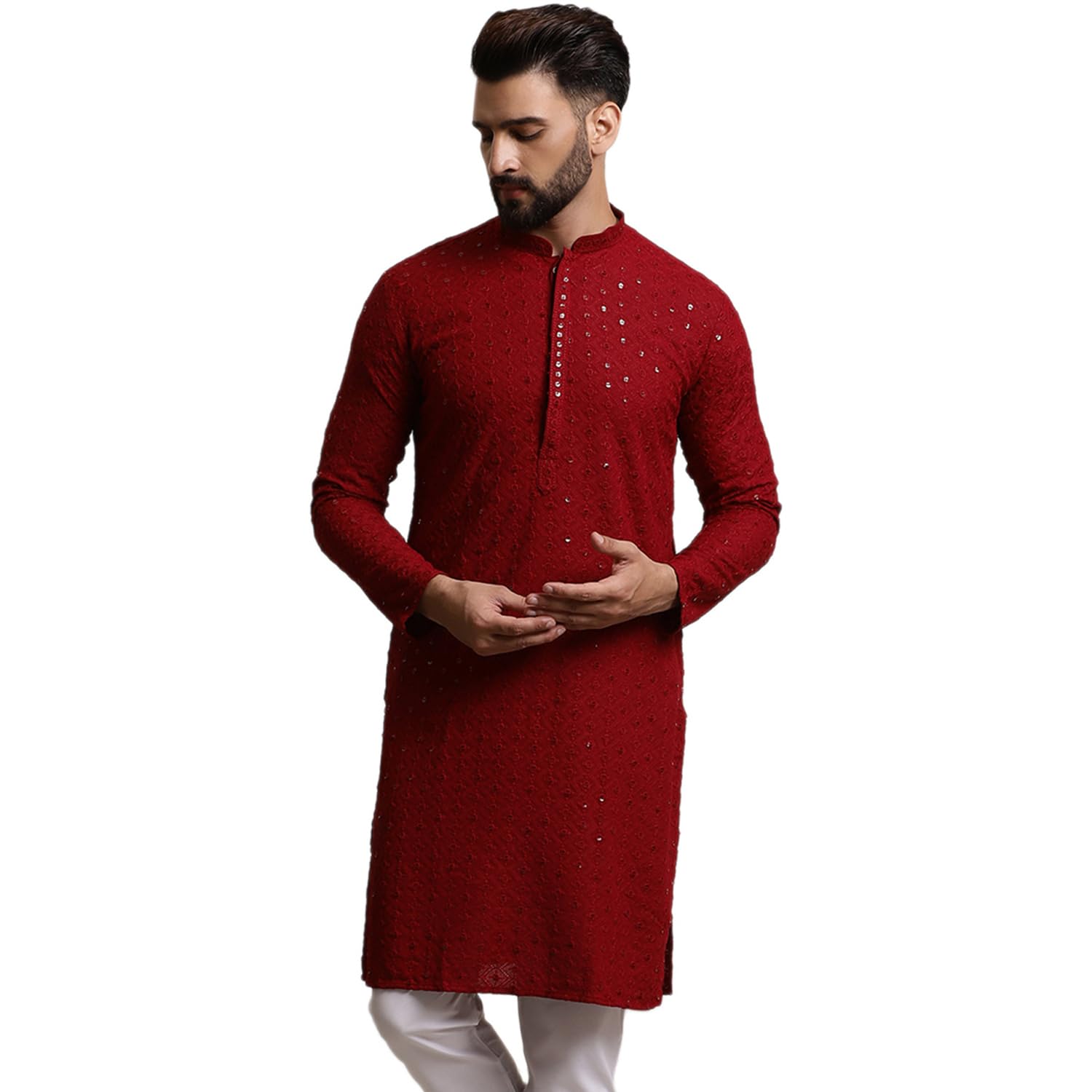 Sojanya (Since 1958 Men's Pure Cotton Maroon Sequence Long Kurta