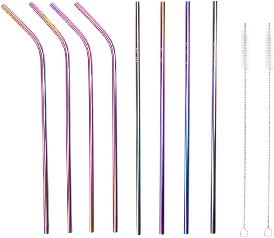 MIXIAO Stainless Steel Straws Colorful Reusable Metal Drinking Straws 8.5 Inch Set of 8 with 2 Free Cleaning Brush Included, Healthy Eco Friendly, BPA Free, Very Sturdy - for 20oz 30oz Drinking Cups