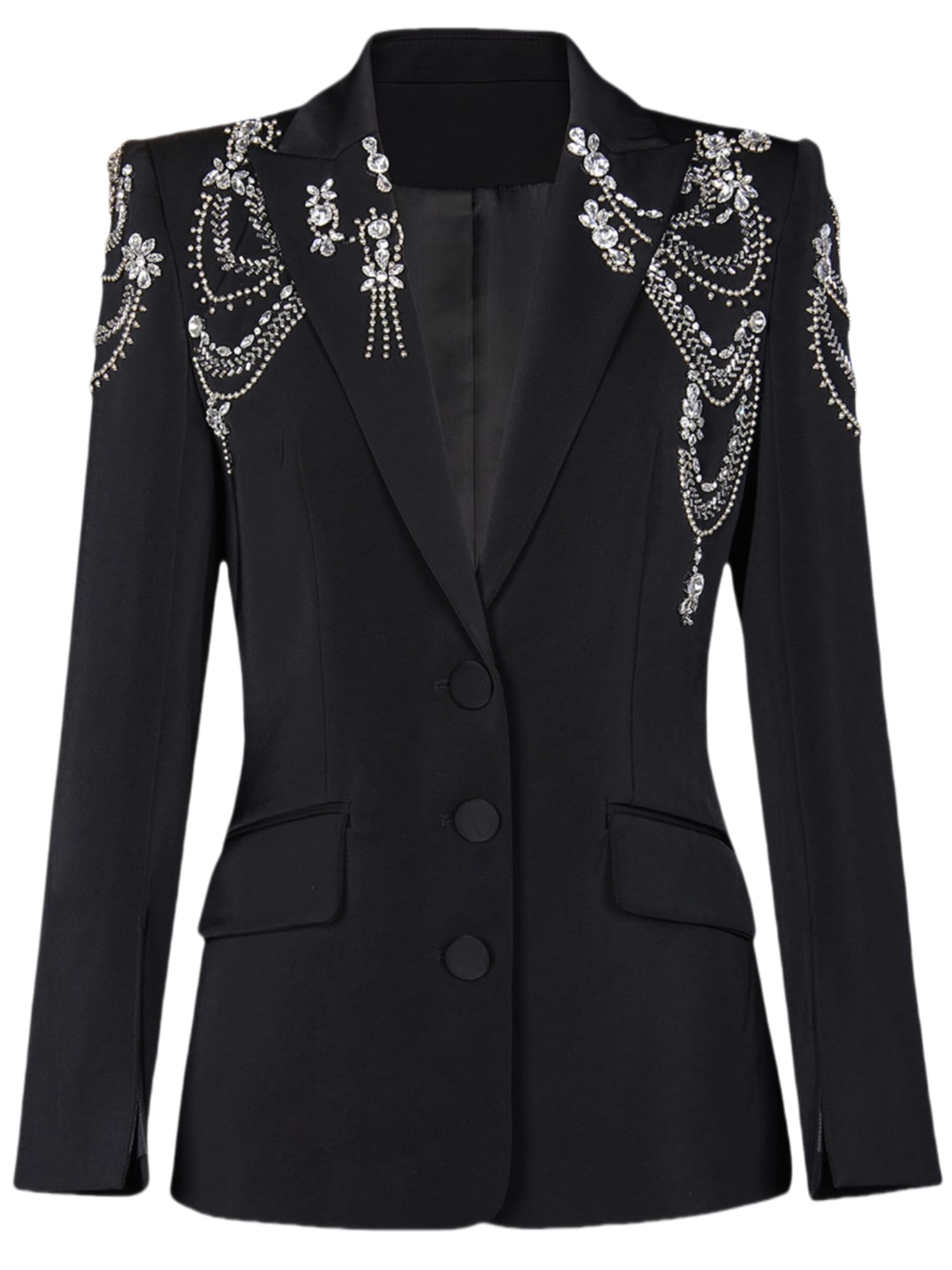 Womens Embroidered Diamonds Beaded Blazer Elegant Lapel Long Sleeve Waist Jacket Coat
