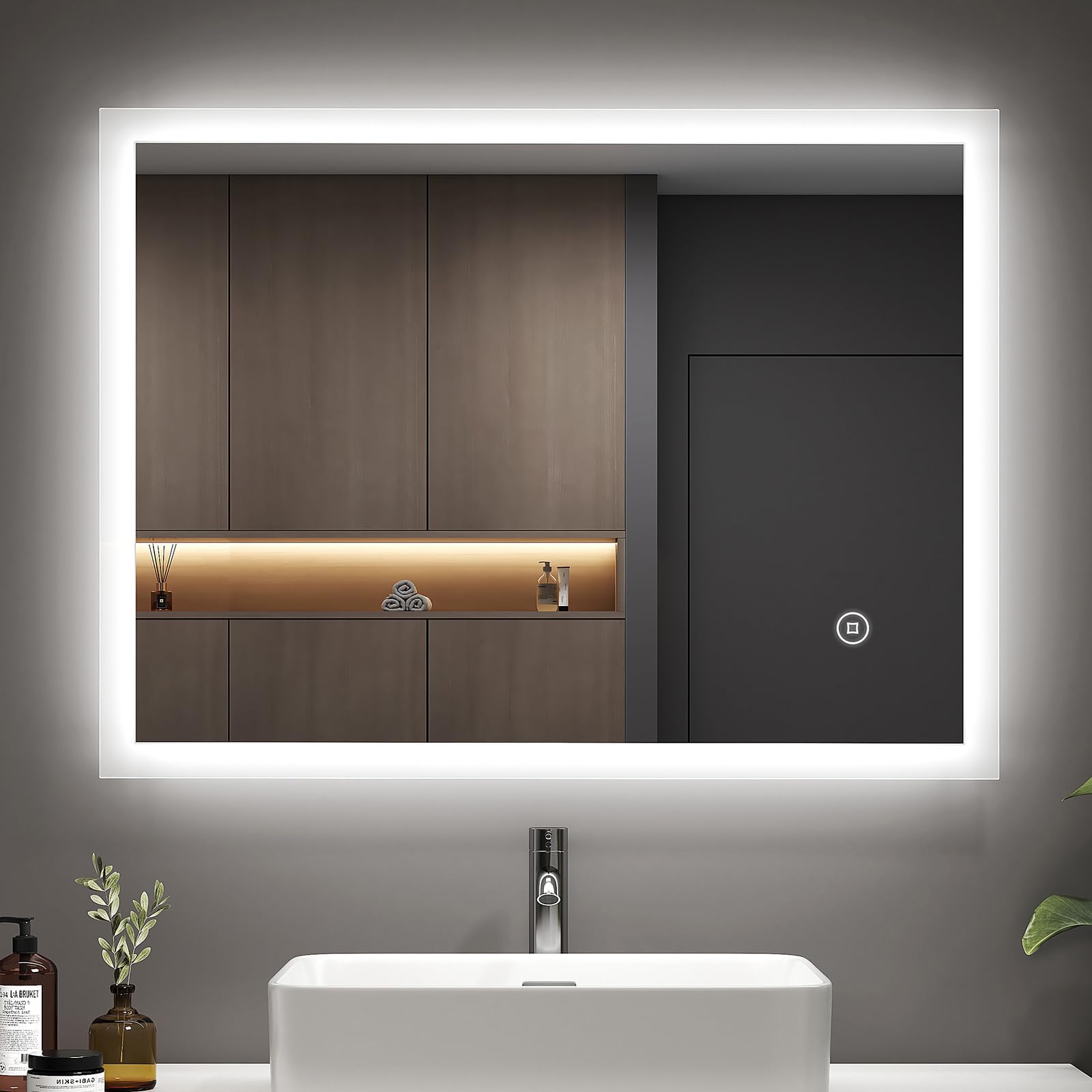 EMKE 60 x 80 cm Backlit Illuminated Bathroom Mirror, Classic Bathroom Mirror with LED Lights and Demister Pad/Touch Switch, LED Mirrors for Bathrooms Dimmable, Horizontal/Vertical, IP44