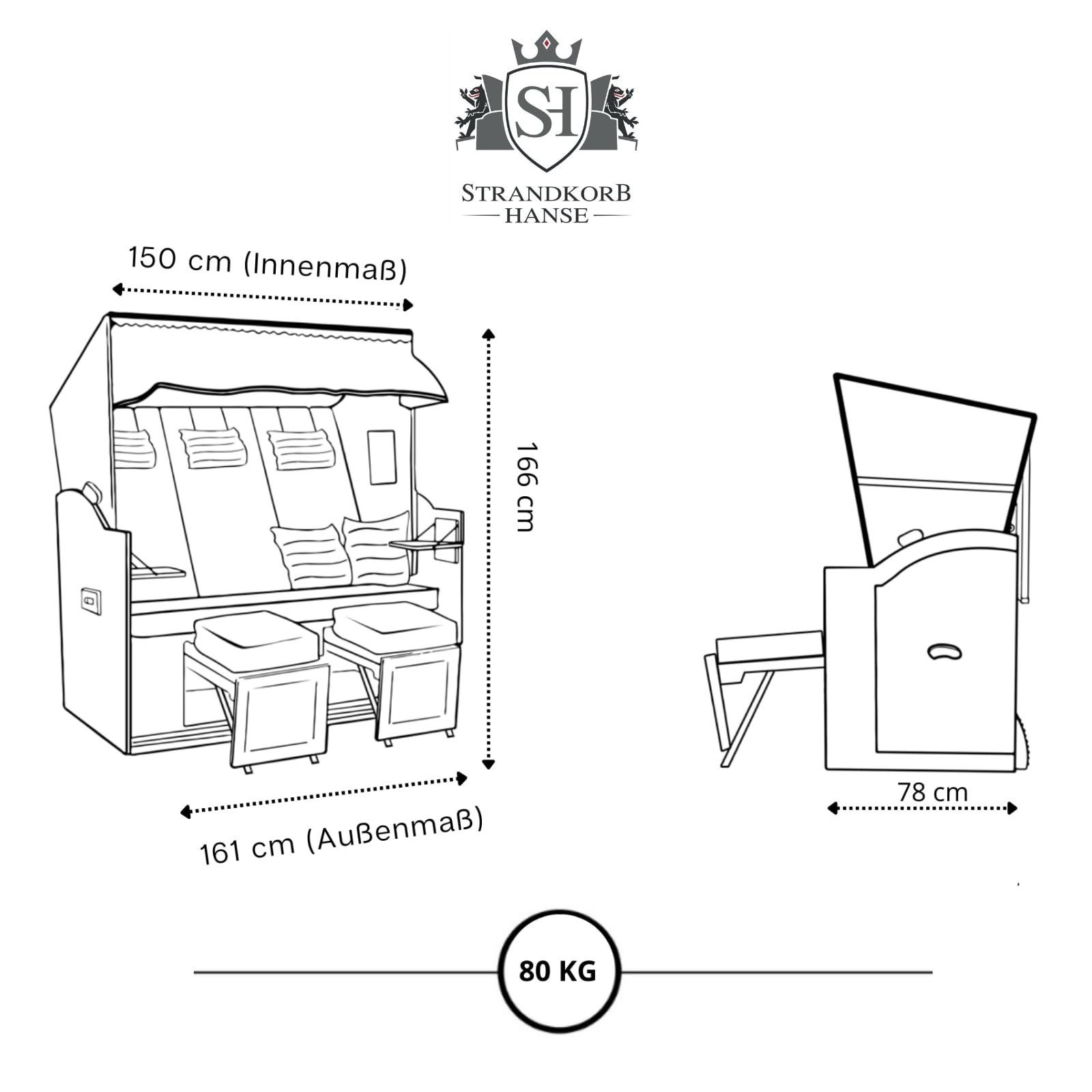 Strandkorb Hanse Ostsee 2,5 Sitzer Klassik XXL 160cm breit - Volllieger bereits montiert inkl. Strandkorbrollen ideal für Zuhause, Balkon und Terrasse