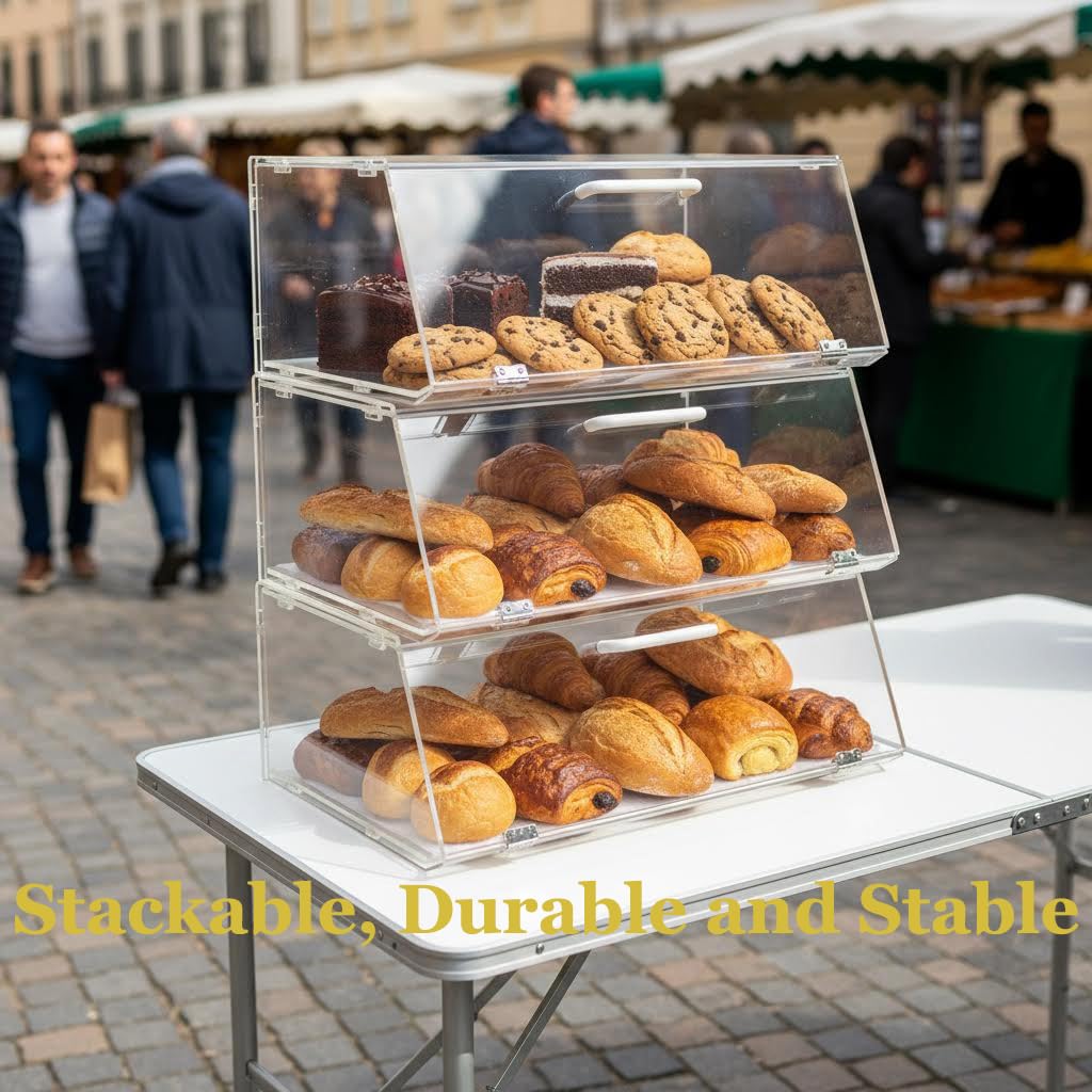Vitrina apilable de acrílico para panadería, caja de exhibición para panecillos, pan de 15.9 x 6.5 x 12 pulgadas, puerta inclinada con 2 bisagras de acero inoxidable