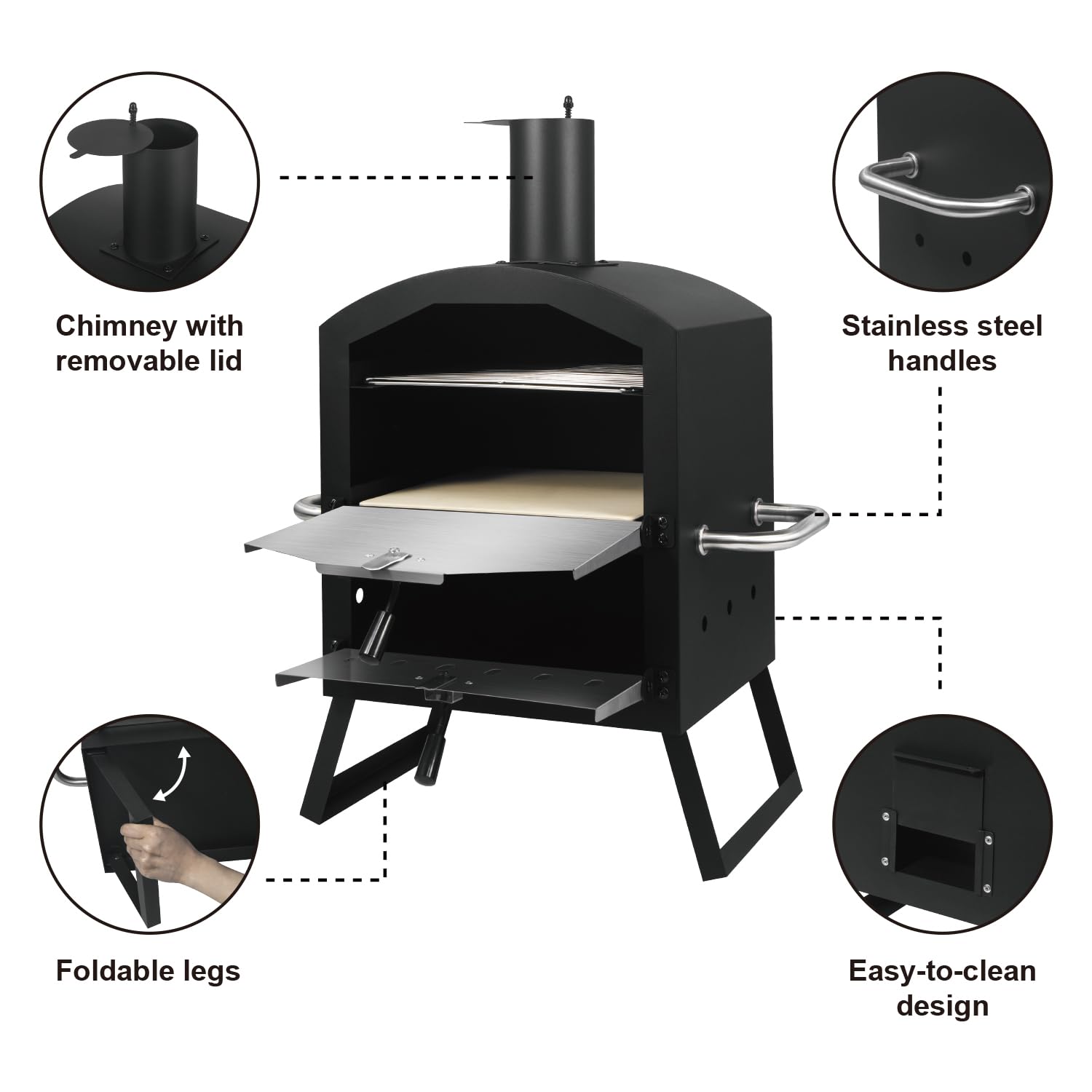 DMS® Germany Pizzaofen – mobiler Outdoor Holzofen Räucherofen - Pizzastein & Grillrost – Garten, Terrasse & Balkon – knusprige Steinofenpizza & Brot wie aus dem Holzbackofen - Kohle-/Pellets -PM-3000