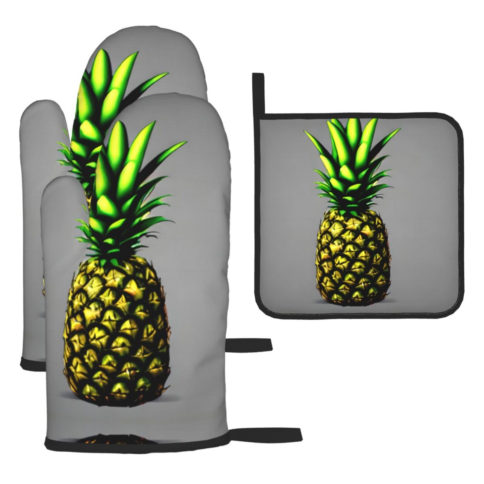 Cartoon Pineapple Oven mittens and oven mitts three-piece set suitable for oven, grilling, baking, microwave and home cooking.
