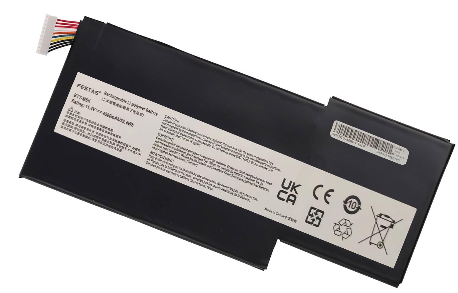 FESTAS BTY-M6K Batterie Compatible avec MSI GS63VR GS73VR 7RG， | GF63 10SCSR 10SCXR，GF65 9SEXR 9SD 10UE 10SDR 10SER，GF75 8SC 8RD 8RC 8RX 8RC 8RD 9SC 9SCXR 9SC 9SCSR 9SD，WP65 9TH，WF65