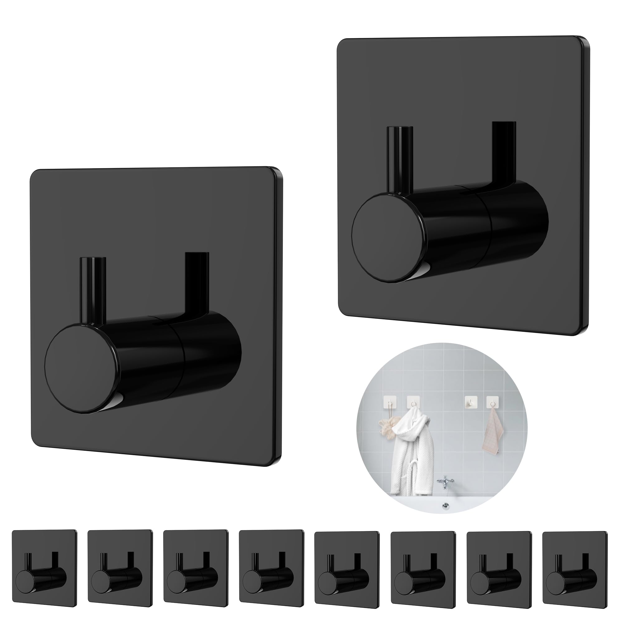 Aikzik 10 Pack Self Adhesive Hooks, Plastic Sticky Hook Heavy Duty, Over 8kg Load - Hooks for Hanging for Towel, Coat, Key, Stick on Bathroom, Kitchen, Door and Wall, Black â image 1