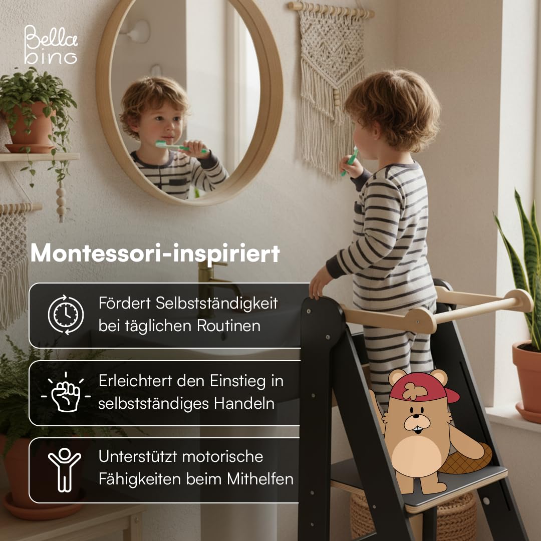 Bellabino Tay Lernturm ab 1 Jahr – Learning Tower 2-Fach höhenverstellbar & klappbar – Lernstuhl in Grau/Natur für Kinder – Montessori Stehturm aus Birkenholz – sicherer Tritthocker mit Kippschutz