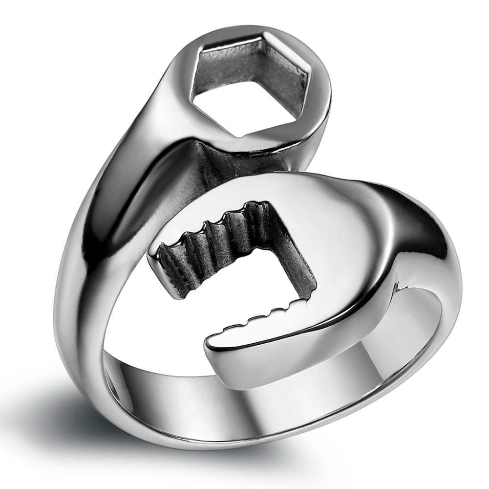 Flongo Acero Inoxidable Banda Anillo Plata Mecánico Llave Inglesa Llave único motorista para hombre