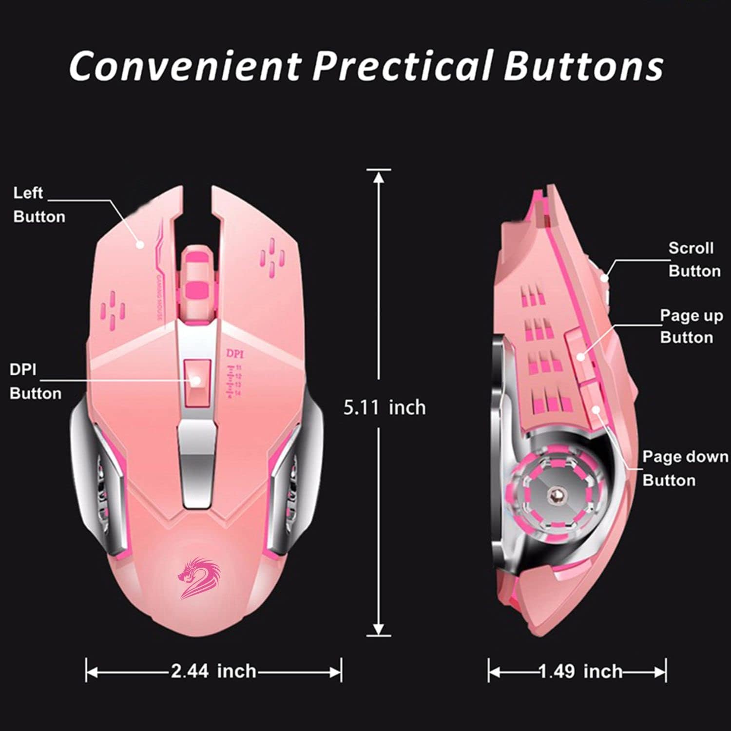 Uciefy T85 Rechargeable Wireless Mouse, 2.4G Ergonomic Silent Gaming Mice Portable Optical with USB Receiver, 3 Adjustable DPI, 6 Buttons LED Lights for Laptop/PC/Chromebook (Pink)