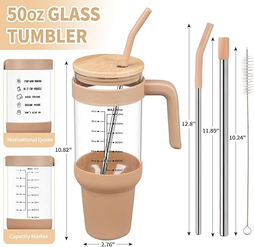 Miniatura 5 de chunmo Vaso de vidrio con tapa de bambú y pajita, taza de café helado de 50 onzas con asa, botellas de agua de vidrio con funda de silicona, taza de