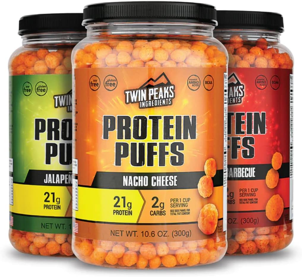 Twin Peaks Low Carb, Keto Friendly Protein Puffs, (Mesquite Barbecue + Nacho Cheese + Jalapeno Cheddar)
