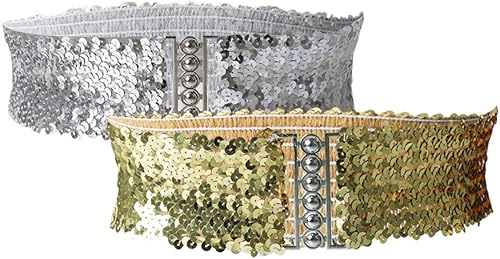 uxcell Ladies Sequins Decor Metal Interlooking Buckles Elastic Waist Belt