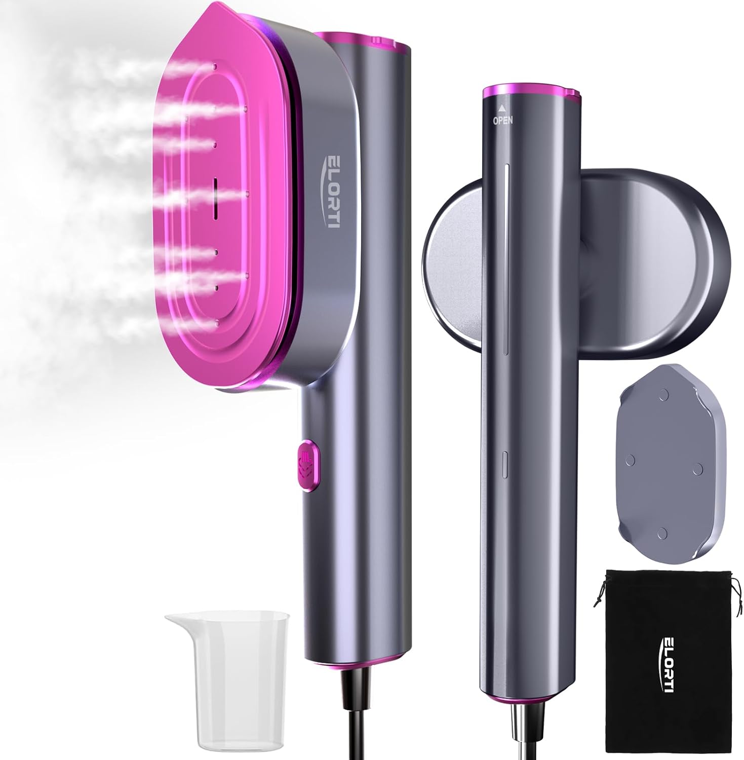 ELORTI Travel Steamer for Clothes, Handheld & Portable 2-in-1 Design, 10s Rapid Heat, 1200W Rotating Head, Compact Size 110–120V for Travel, Home (Red)