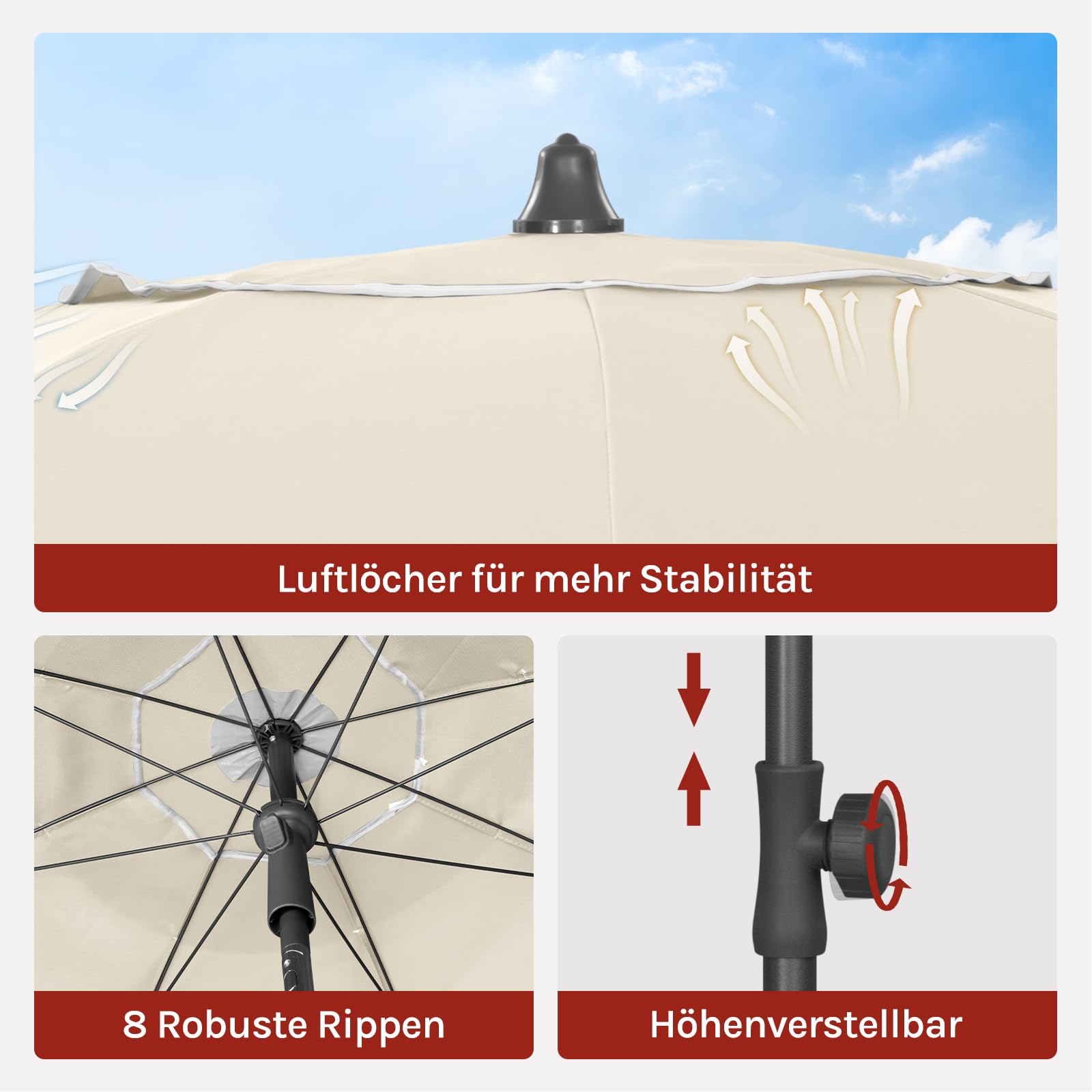 WOLTU Sonnenschirm Balkon φ155cm, UV-Schutz Strandschirm UPF 50+, Höhenverstellbar und Knickbar, Tragbar mit Tragetasche, Belüfteter Rundschirm für Balkon Garten Strand, Beige