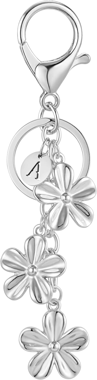 XGALBLA Gold/Silver Initial Keychain Flower Charms for Key Cute Letter Keyring for Purse Handbag Backpack