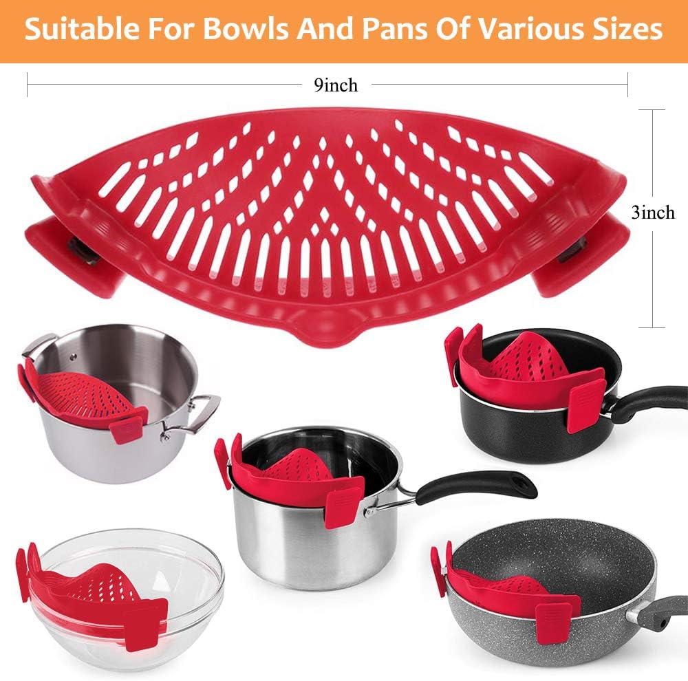 YEVIOR Clip on Strainer for Pots Pan Pasta Strainer, Silicone Food Strainer Hands-Free Pan Strainer, Clip-on Kitchen Food Strainer for Spaghetti, Pasta, Ground Beef Fits All Bowls and Pots - Red: Home & Kitchen