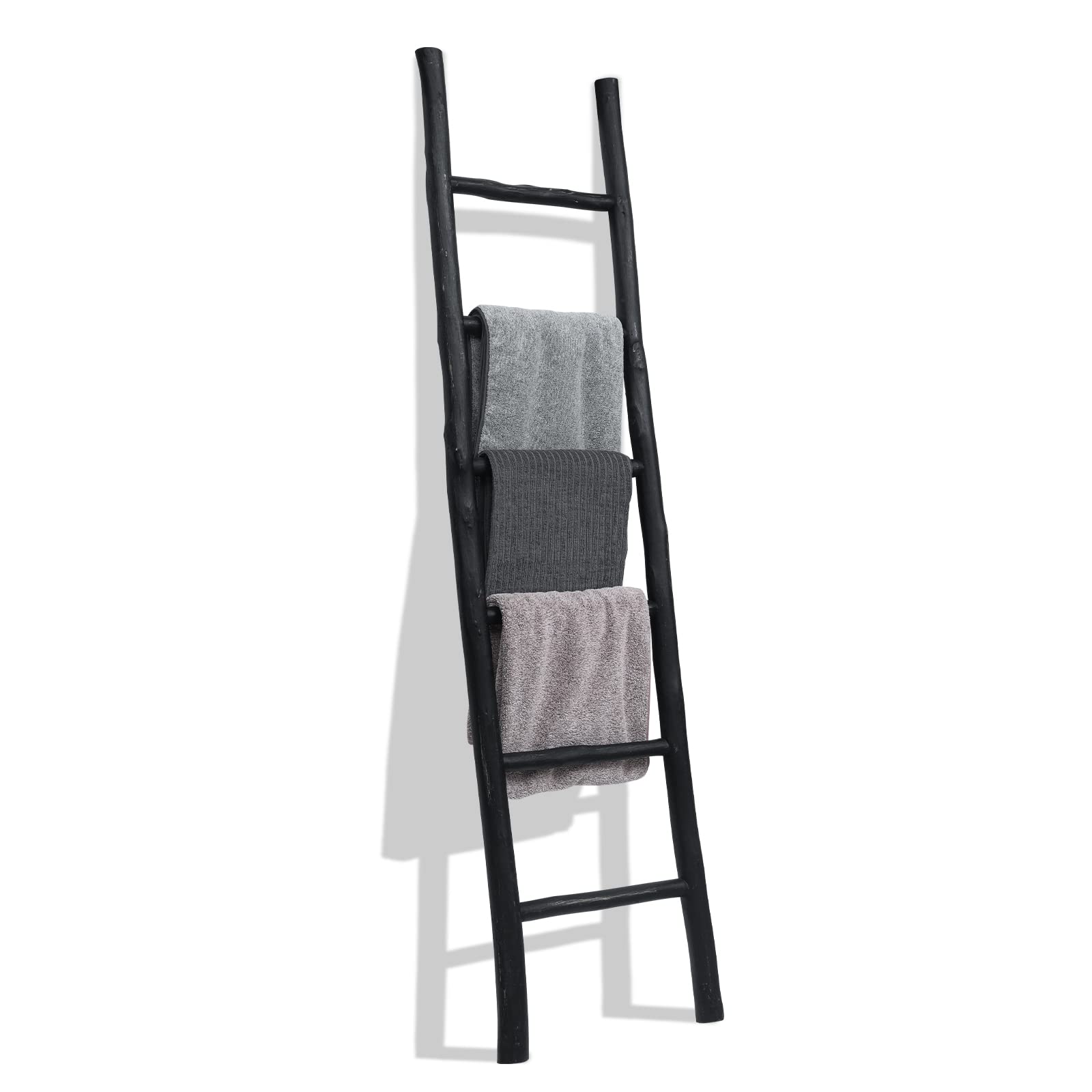 FUIN Fully Assembled 6ft Wood Blanket Ladder Living Room Decorative Wall Leaning Farmhouse Quilt Display Holder Rustic Wooden Towel Rack for Bathroom, Black