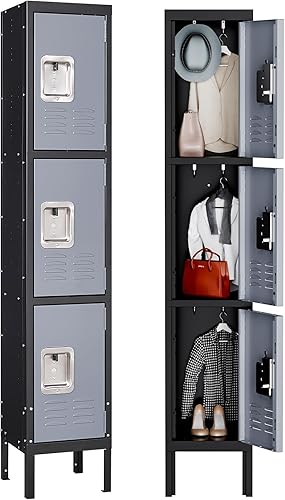 MIIIKO Armario de almacenamiento de 3 niveles, armarios metálicos para escuela, vestuario, gimnasio, oficina y vestíbulo