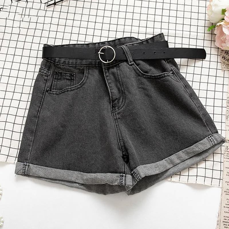 Pantalones cortos de mezclilla casuales para mujer, cintura alta, pantalones cortos de verano, gris oscuro, M