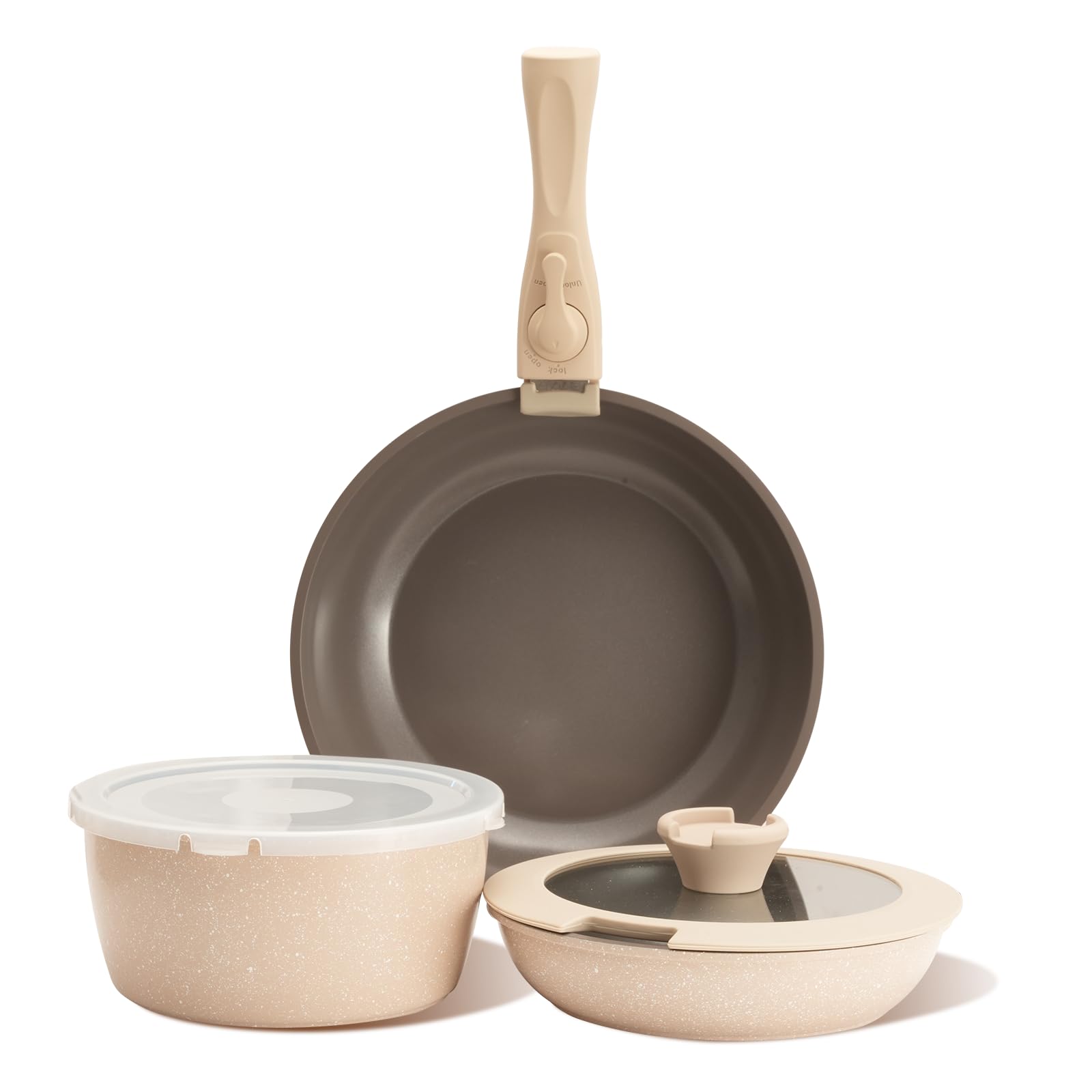 ZHANG XIAO QUAN SINCE 1628 Pots and Pans Set, Non Stick Cookware Set, 6PCS Detachable Handle Cooking Pan Set, Aluminium Kitchen Pots & Frying Pans, Oven Safe, Taupe