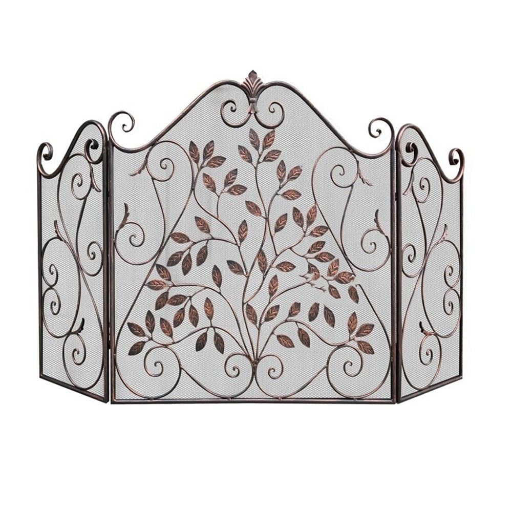 fireplace cover Country Style Fireplace Fireproof Partition 3 Fold Screen with Mesh Decorative Guardrail(Red)