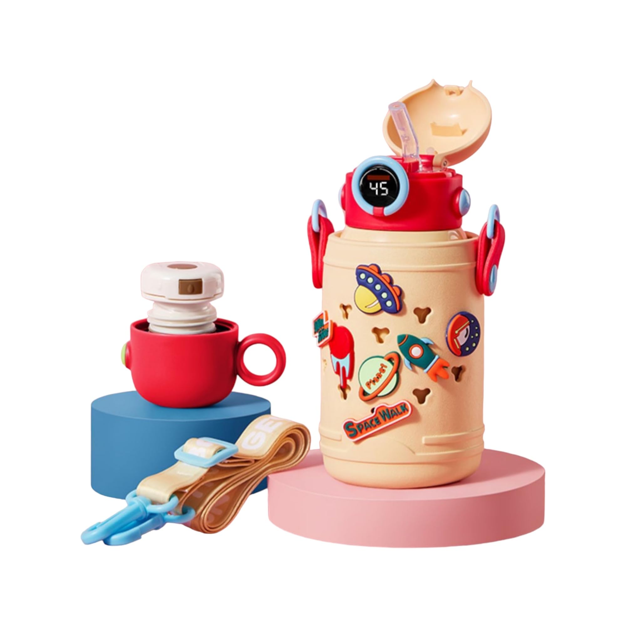 Fashion Studio GS Kids Thermos/Water Bottle for School, 17oz Reusable Travel Kid Water Bottle with Straw, Shoulder Strap and Charms, Stainless Steel Double Wall Vacuum Insulated Bottle (Cream)