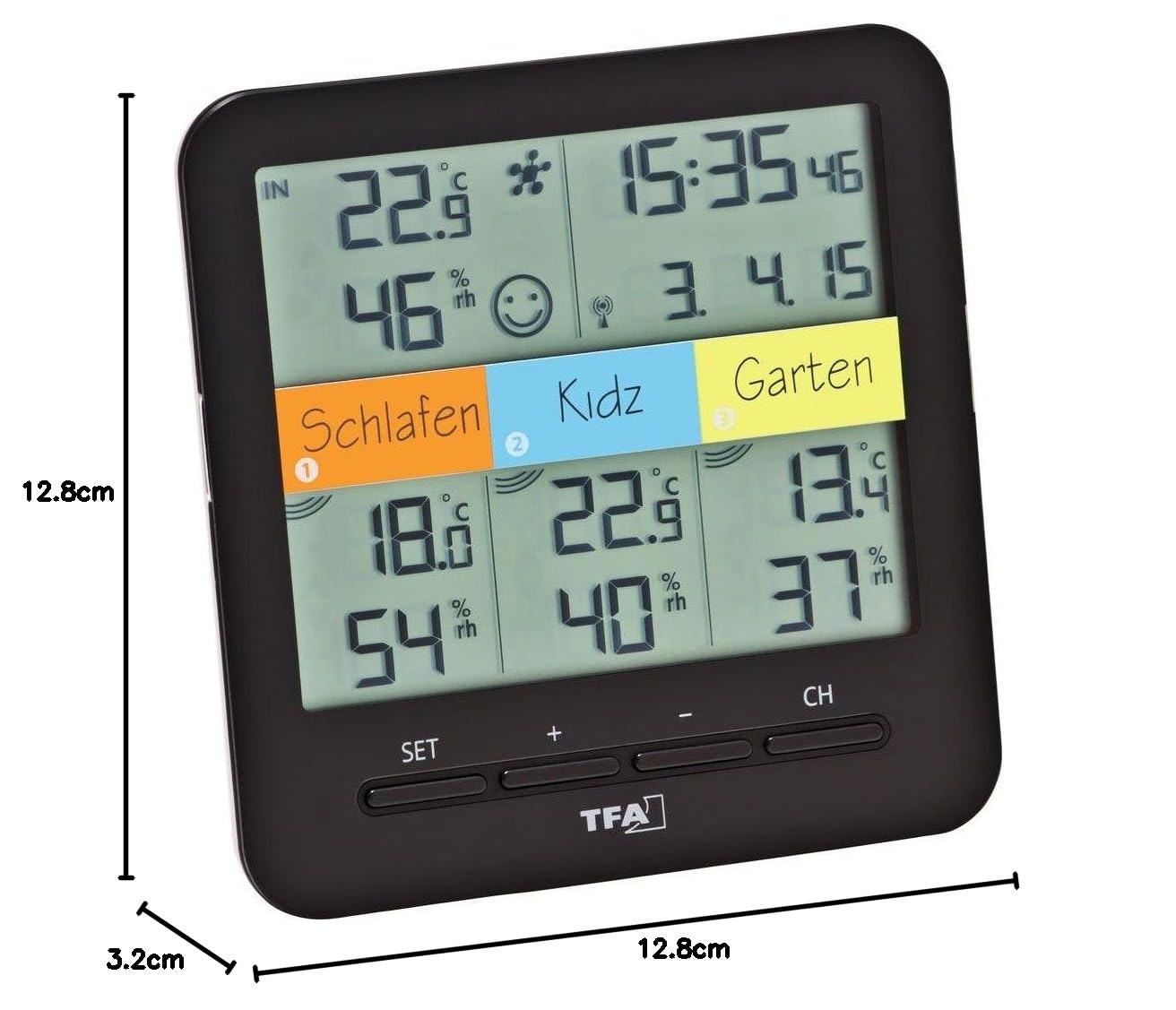TFA Dostmann Klima Home Hygro-Station 30.3060.01 Funk-Thermo-Hygrometer mit 3 Sendern, Kunststoff, Schwarz, (L) 128 x (B) 32 (58) x (H) 128 mm