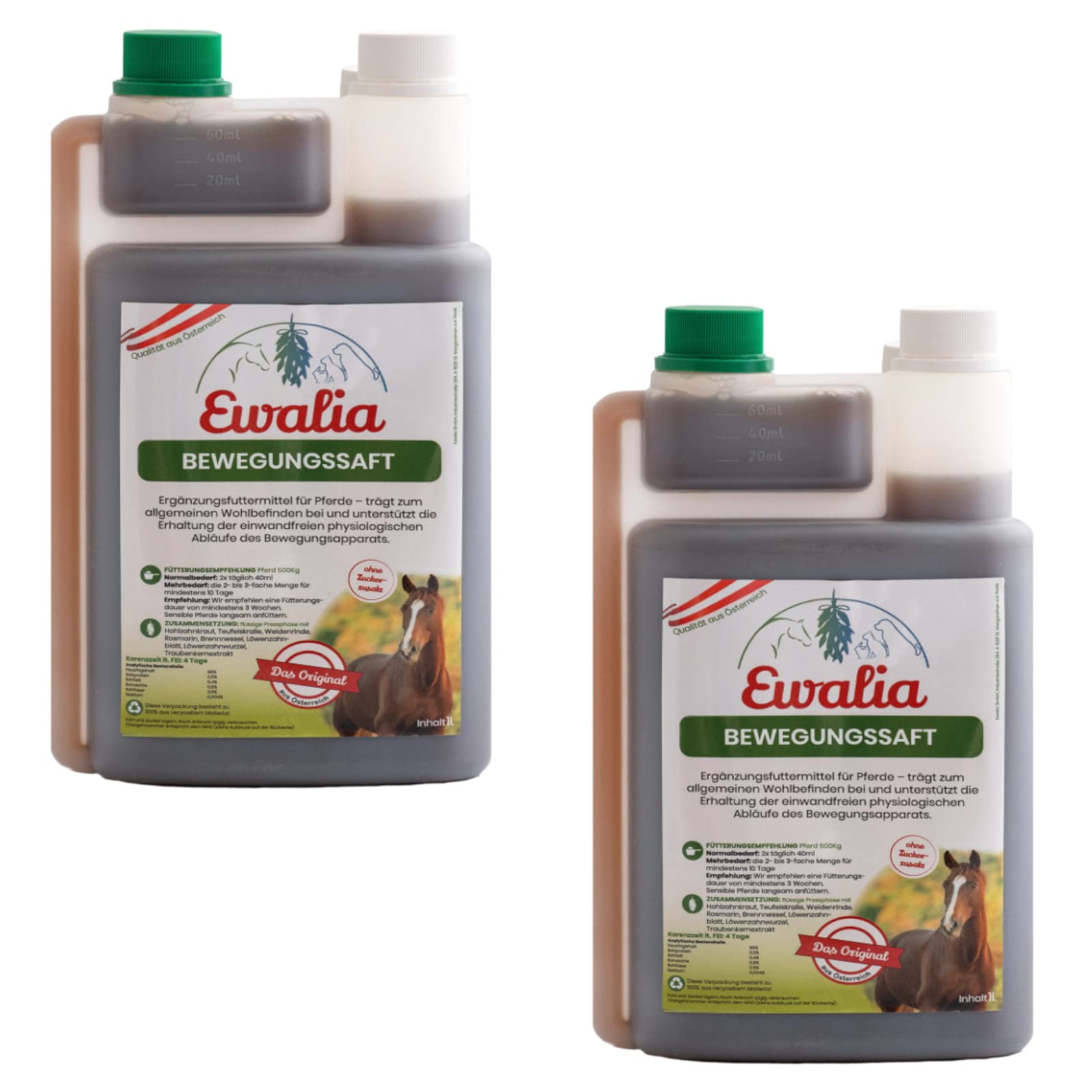 Ewalia Jugo de movimiento | Paquete doble | 2 x 1 l | Complemento alimenticio para caballos | Con corteza de sauce y hierbas