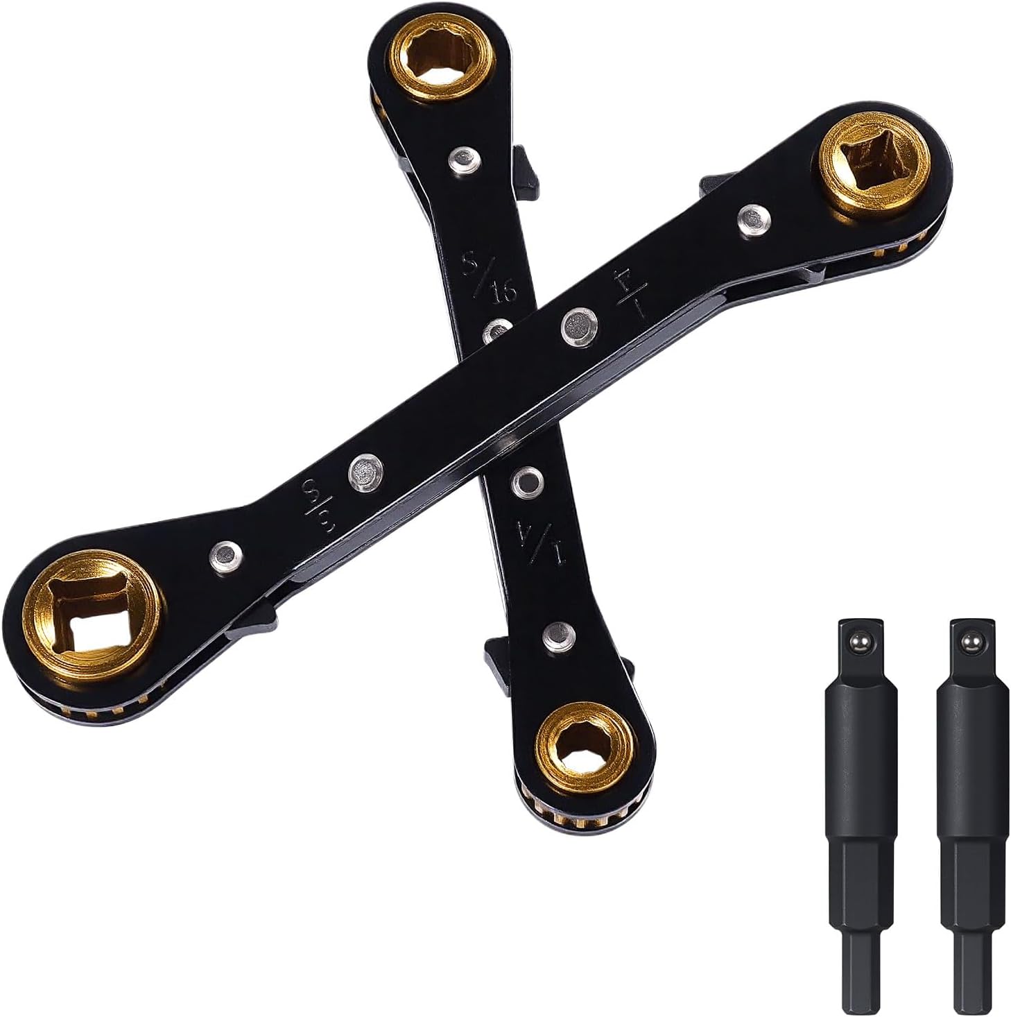 2Pcs HVAC Service Wrench Set, Curved Ratchet Wrenches (3/8", 1/4", 3/16", 5/16") with 2 Hex Key Converters, for Mini Split AC and Refrigeration Repair, Black