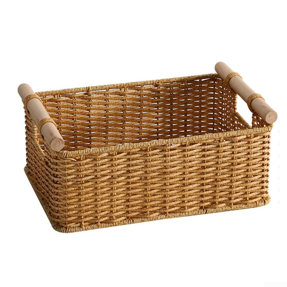 Cesta tejida retro con mango de madera, contenedor de almacenamiento de ratán sintético, para baño, cocina, bar, caja organizadora tejida a mano, para artículos de tocador y varios (4)