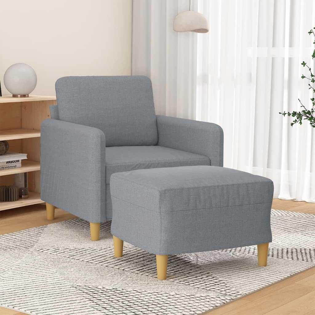 Sillón con taburete, tela gris claro, 60 cm de ancho, acolchado con estructura de metal resistente y madera contrachapada, para salón y habitación de invitados, ahorra espacio y es versátil