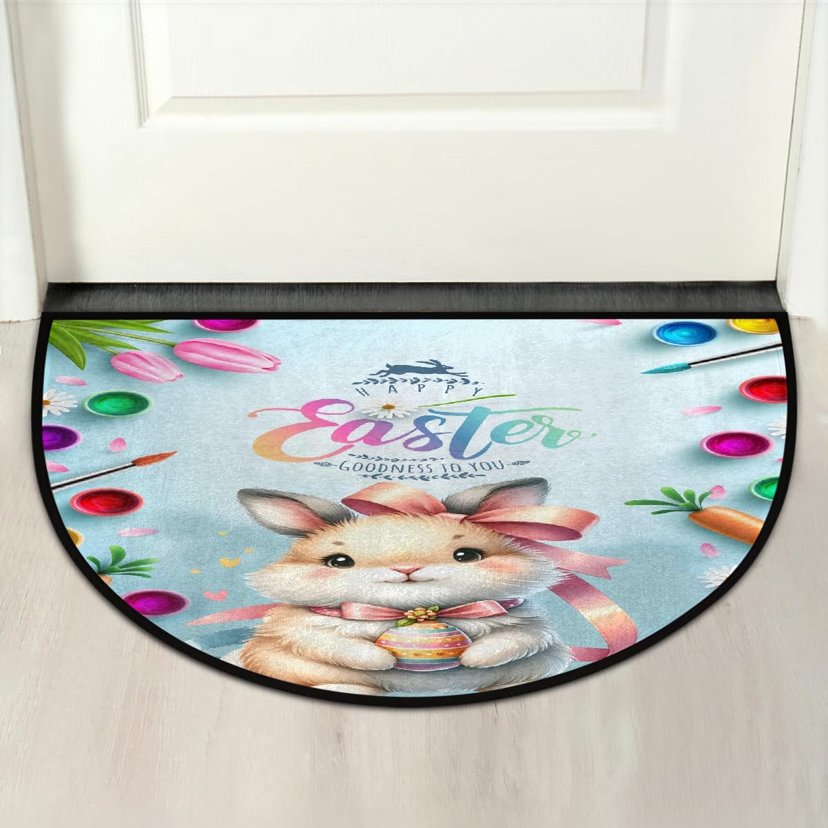 Half Round Doormat Easter Animal Cute Washable Semi Circle Area Rug Non Slip Absorbent Half Moon Rug for Indoor Outdoor Bathroom Kitchen Patio Front Welcome Fireplace Hearth Floor Mat